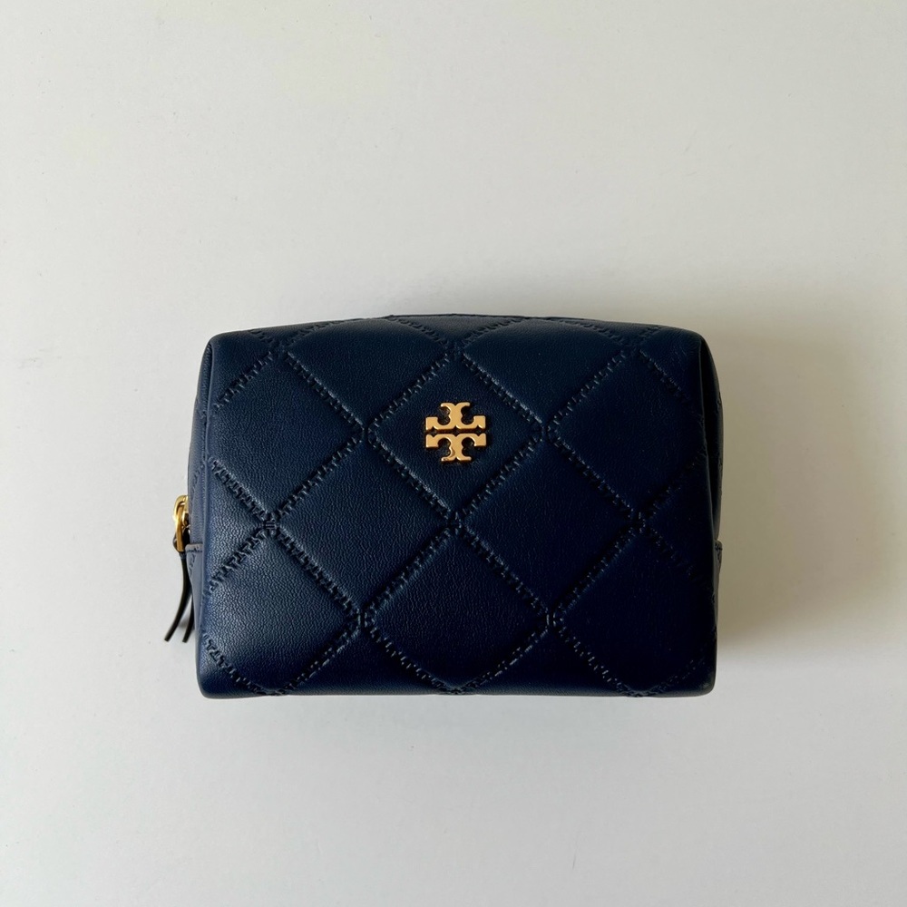 TORY BURCH Navy Blue Leather Quilted Cosmetic Bag